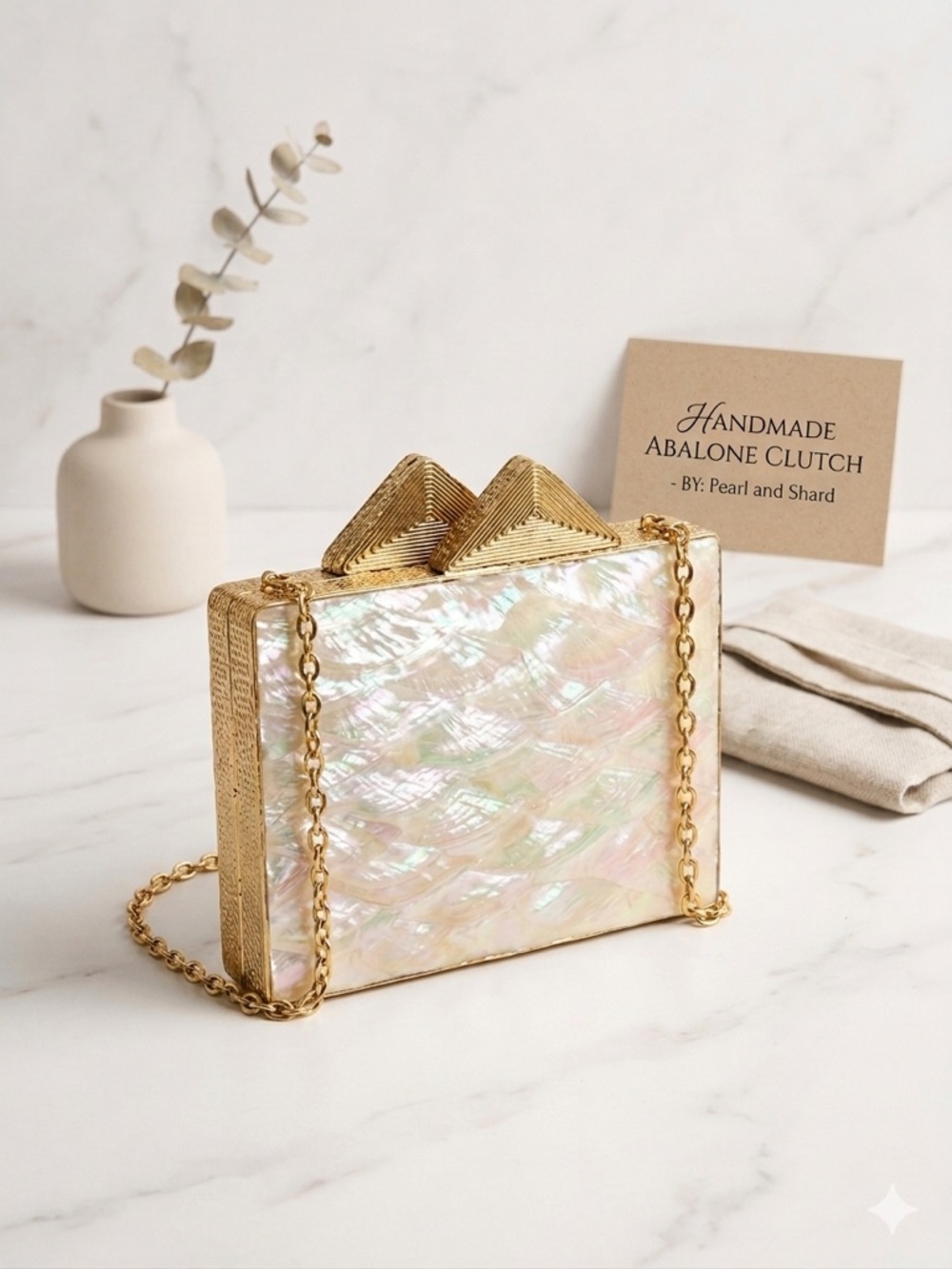 Iridescent Shell Effect Box Clutch with Gold Chain - Picture 9 of 12